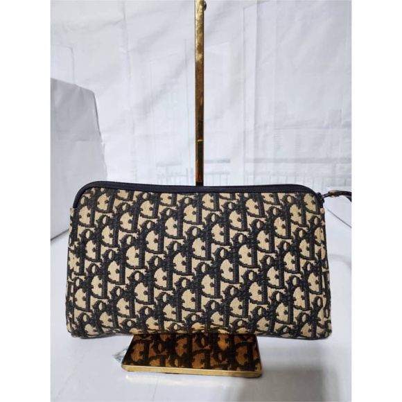 Authentic CHRISTIAN DIOR Vintage  Monogram Wristlet Clutch Navy Blue/Beige - Picture 13 of 14